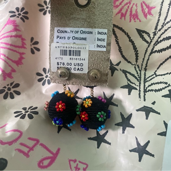 Anthropologie Suzanna Dai Flower Beaded Drop Earrings Black NWT - Picture 11 of 11